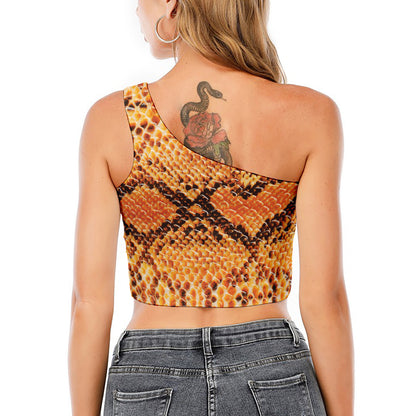 Orange Snakeskin Print One Shoulder Crop Top