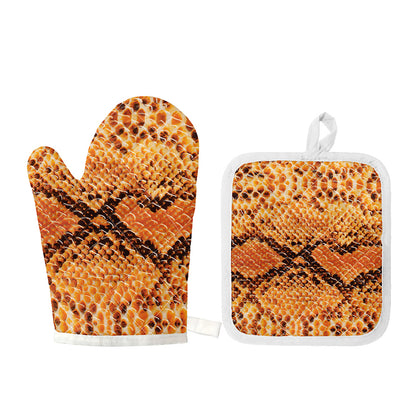 Orange Snakeskin Print Oven Mitt And Pot Holder Set