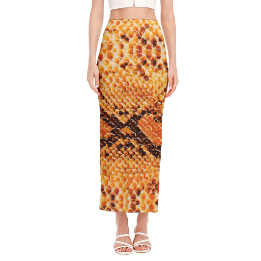 Orange Snakeskin Print Side Slit Maxi Skirt