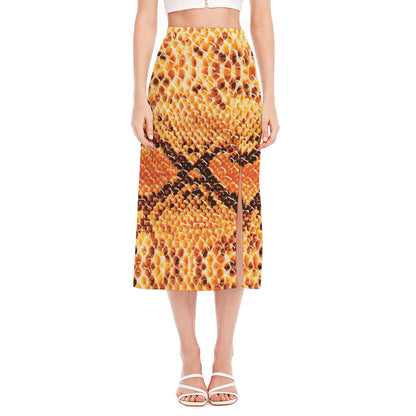 Orange Snakeskin Print Side Slit Midi Skirt