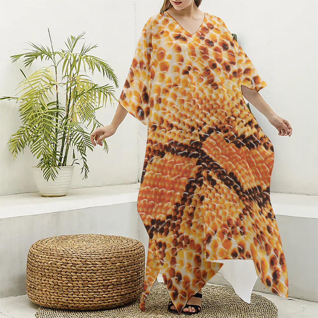 Orange Snakeskin Print Silk V-Neck Kaftan Dress