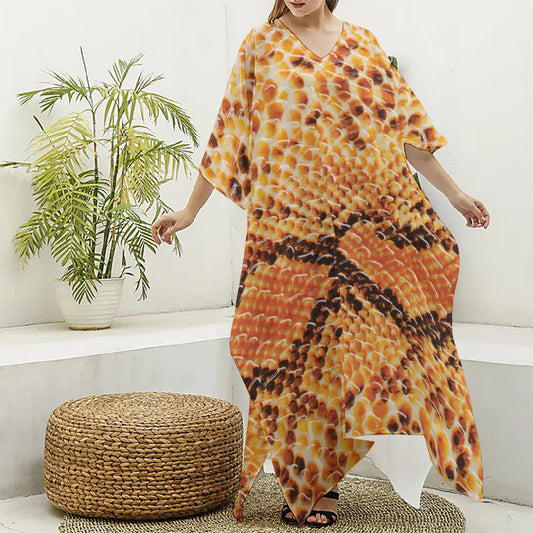 Orange Snakeskin Print Silk V-Neck Kaftan Dress