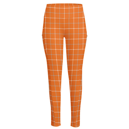 Orange Tattersall Pattern Print High-Waisted Pocket Leggings