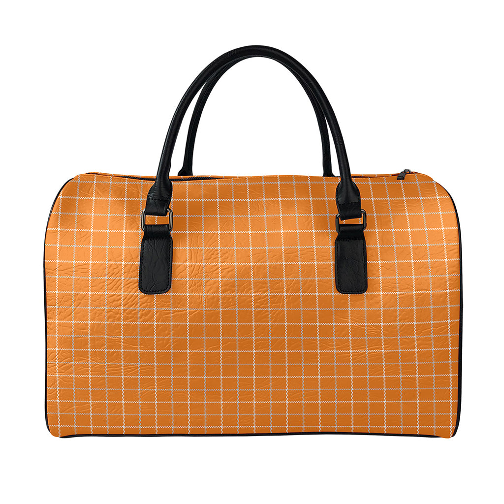 Orange Tattersall Pattern Print Leather Duffle Bag