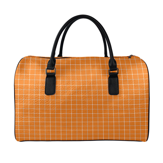 Orange Tattersall Pattern Print Leather Duffle Bag