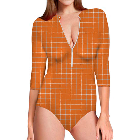 Orange Tattersall Pattern Print Long Sleeve Swimsuit