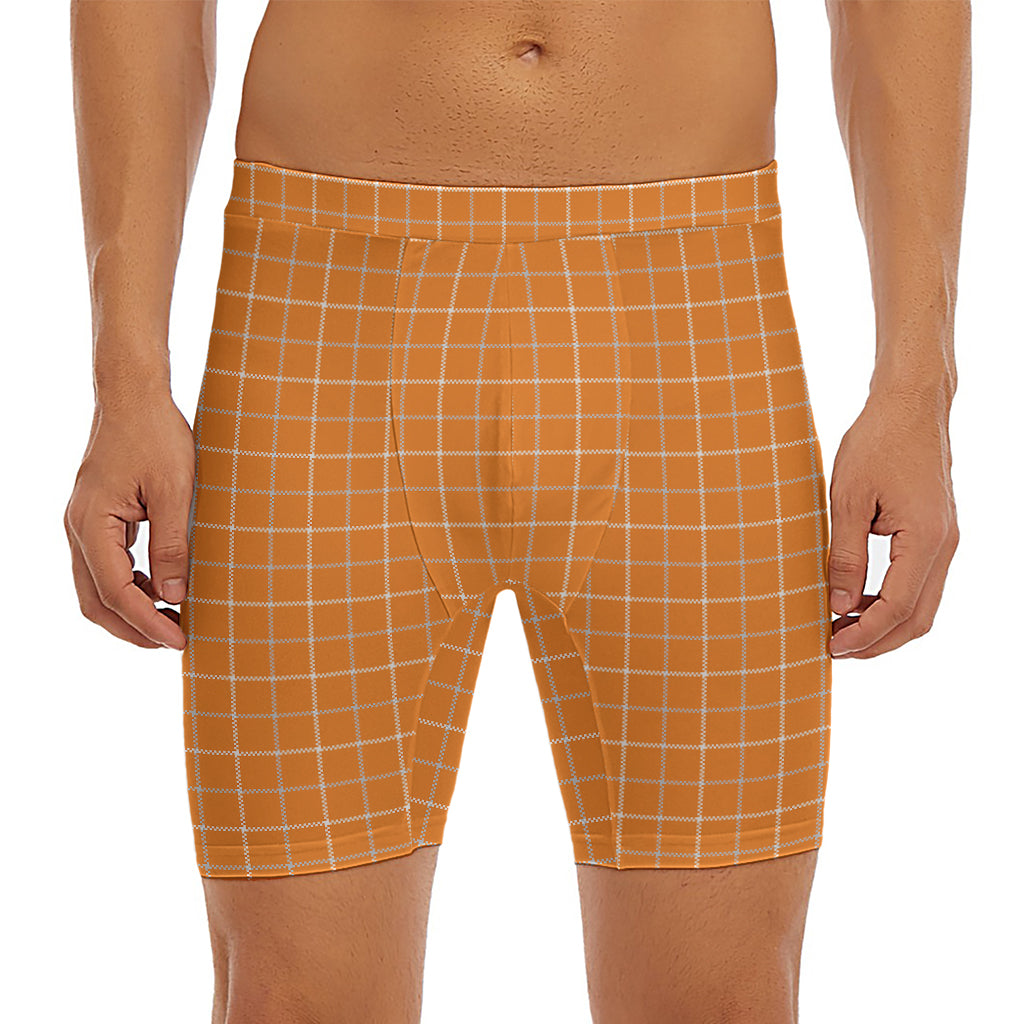Orange Tattersall Pattern Print Men's Long Boxer Briefs