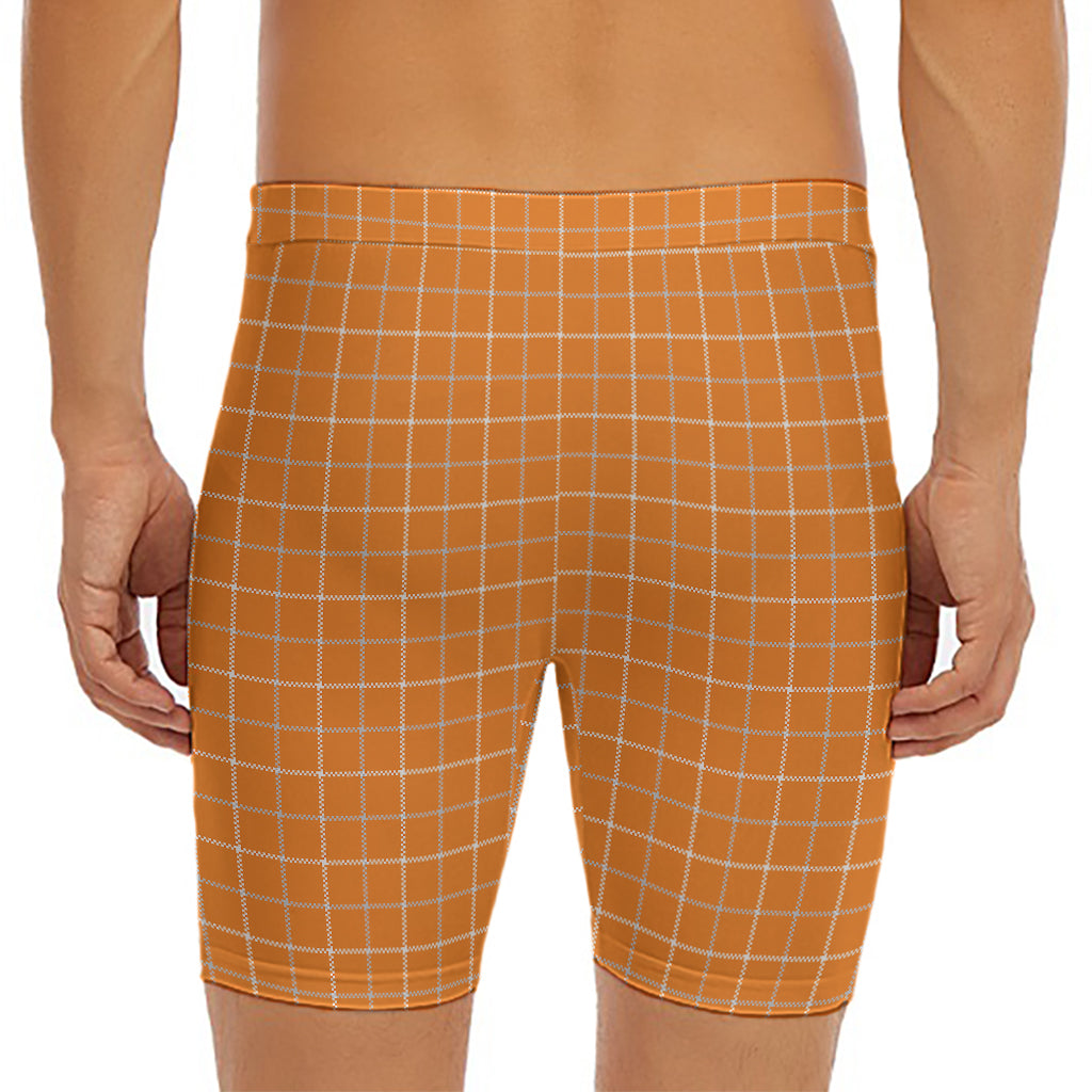Orange Tattersall Pattern Print Men's Long Boxer Briefs