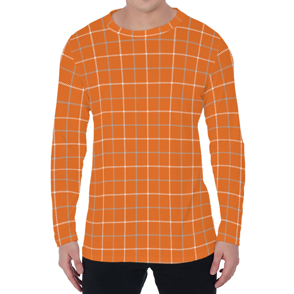 Orange Tattersall Pattern Print Men's Long Sleeve T-Shirt
