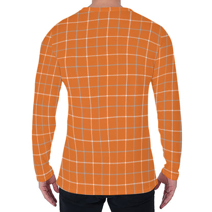 Orange Tattersall Pattern Print Men's Long Sleeve T-Shirt