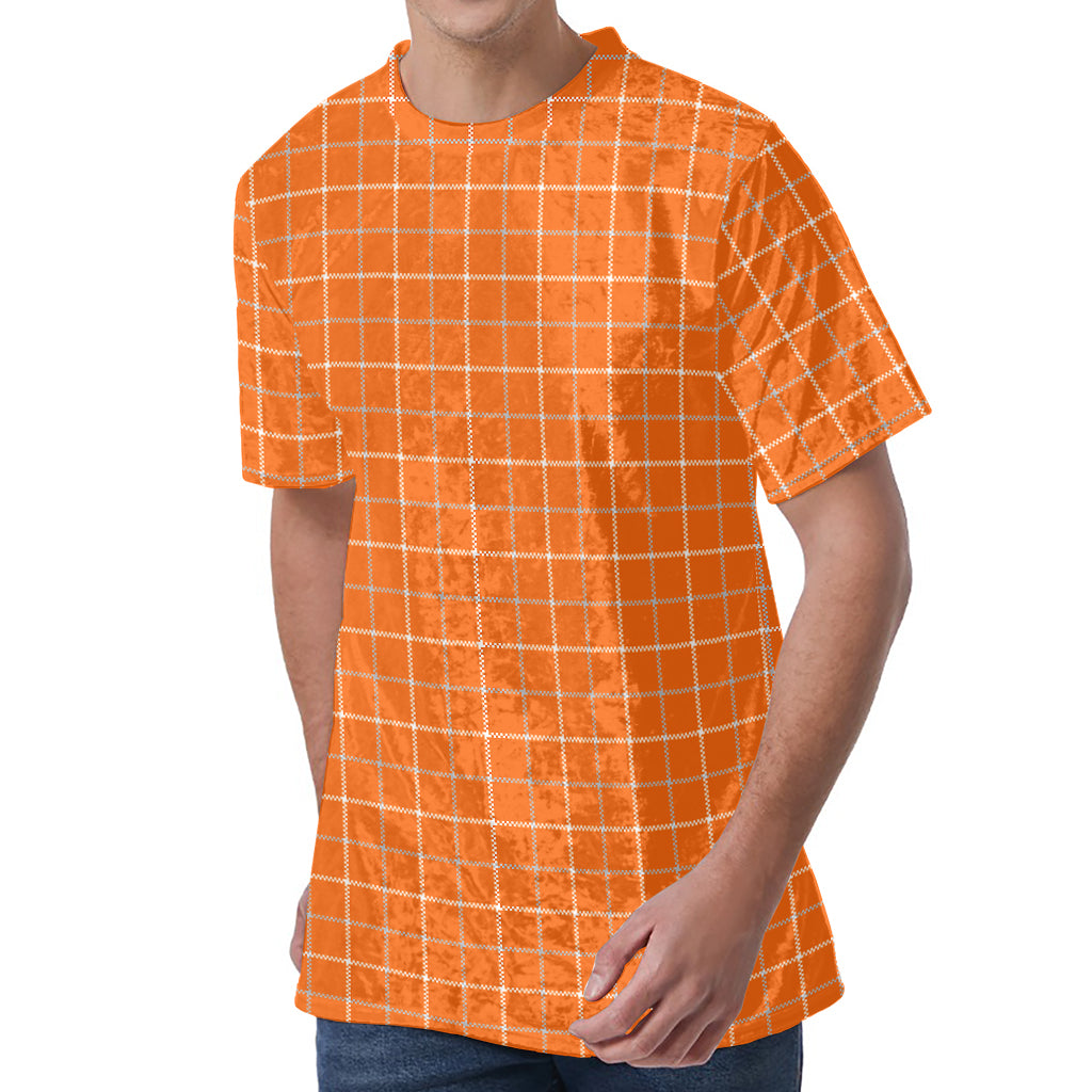 Orange Tattersall Pattern Print Men's Velvet T-Shirt