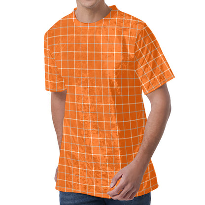 Orange Tattersall Pattern Print Men's Velvet T-Shirt