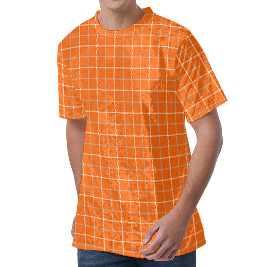Orange Tattersall Pattern Print Men's Velvet T-Shirt