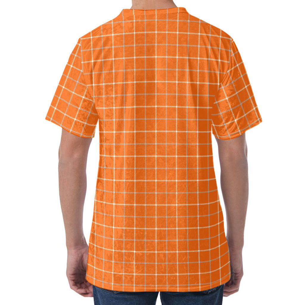 Orange Tattersall Pattern Print Men's Velvet T-Shirt