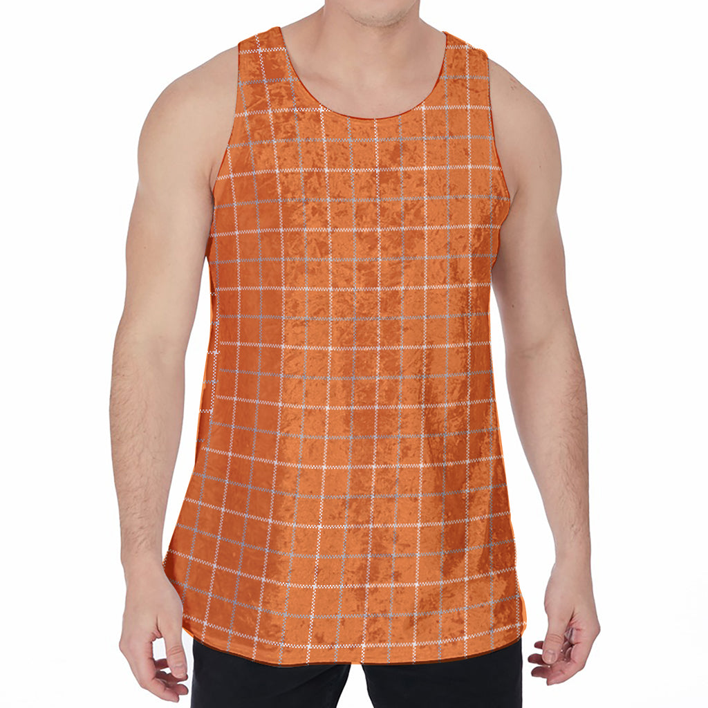 Orange Tattersall Pattern Print Men's Velvet Tank Top