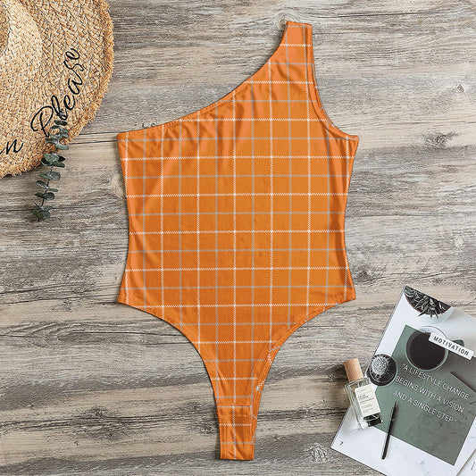 Orange Tattersall Pattern Print One Shoulder Bodysuit