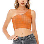 Orange Tattersall Pattern Print One Shoulder Crop Top