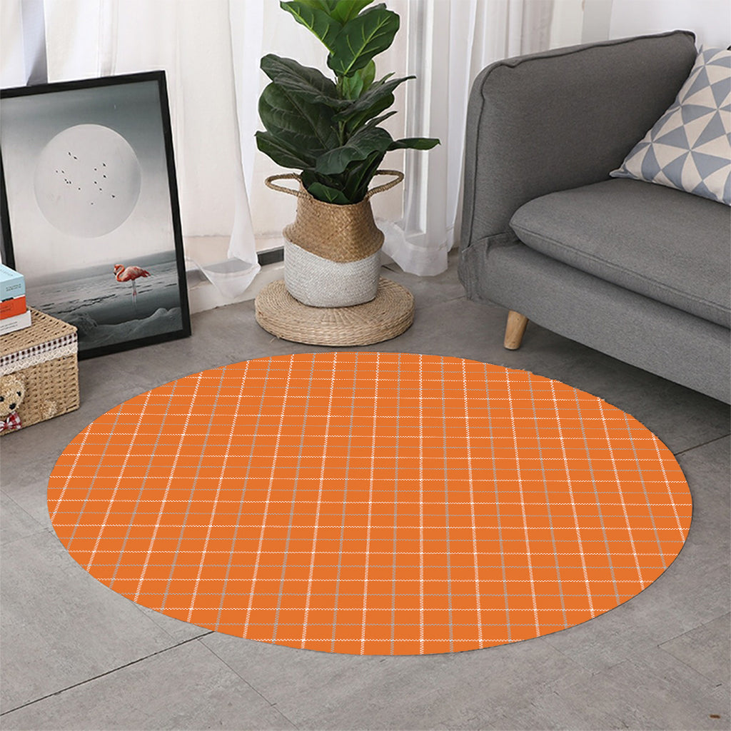 Orange Tattersall Pattern Print Round Rug