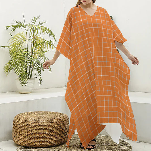 Orange Tattersall Pattern Print Silk V-Neck Kaftan Dress