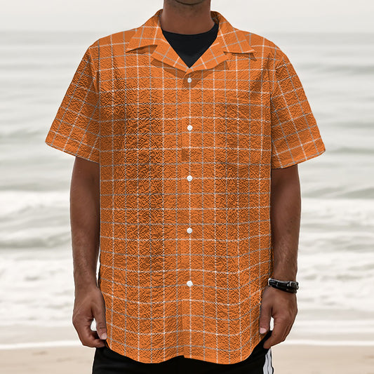 Orange Tattersall Pattern Print Textured Short Sleeve Shirt