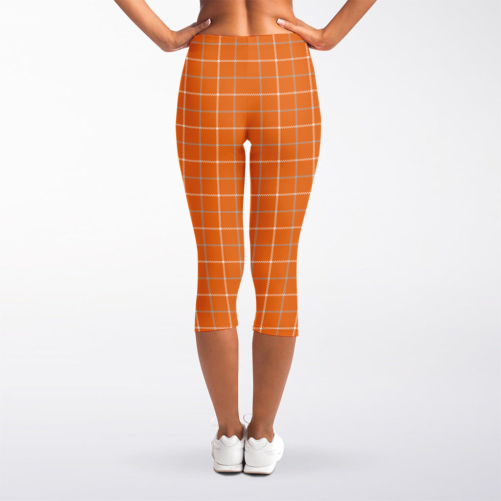 Orange Tattersall Pattern Print Women's Capri Leggings