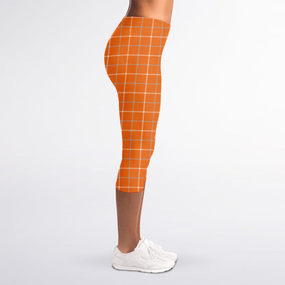 Orange Tattersall Pattern Print Women's Capri Leggings