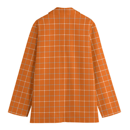 Orange Tattersall Pattern Print Women's Cotton Blazer
