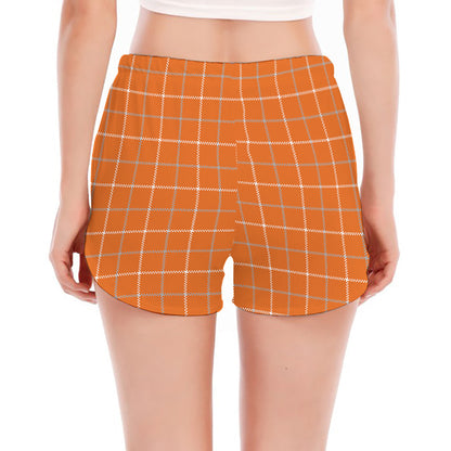 Orange Tattersall Pattern Print Women's Split Running Shorts