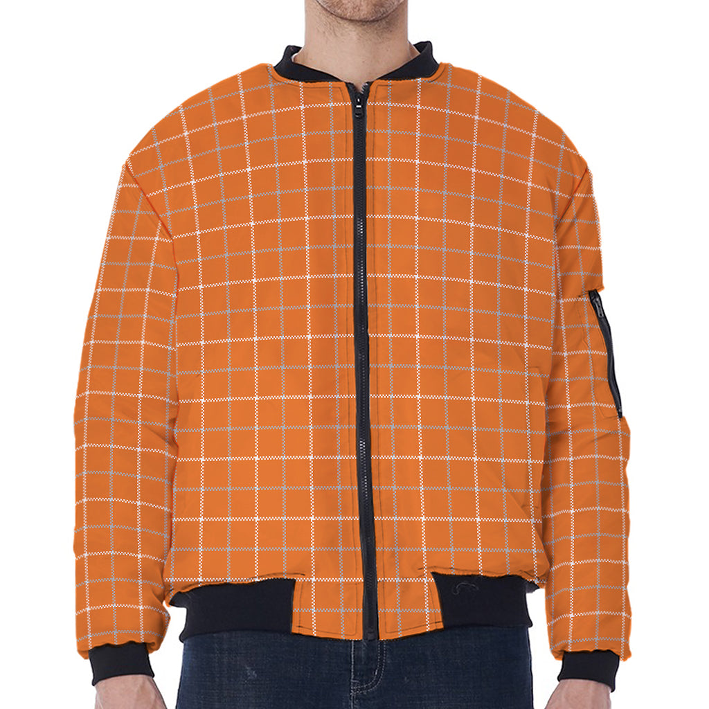 Orange Tattersall Pattern Print Zip Sleeve Bomber Jacket