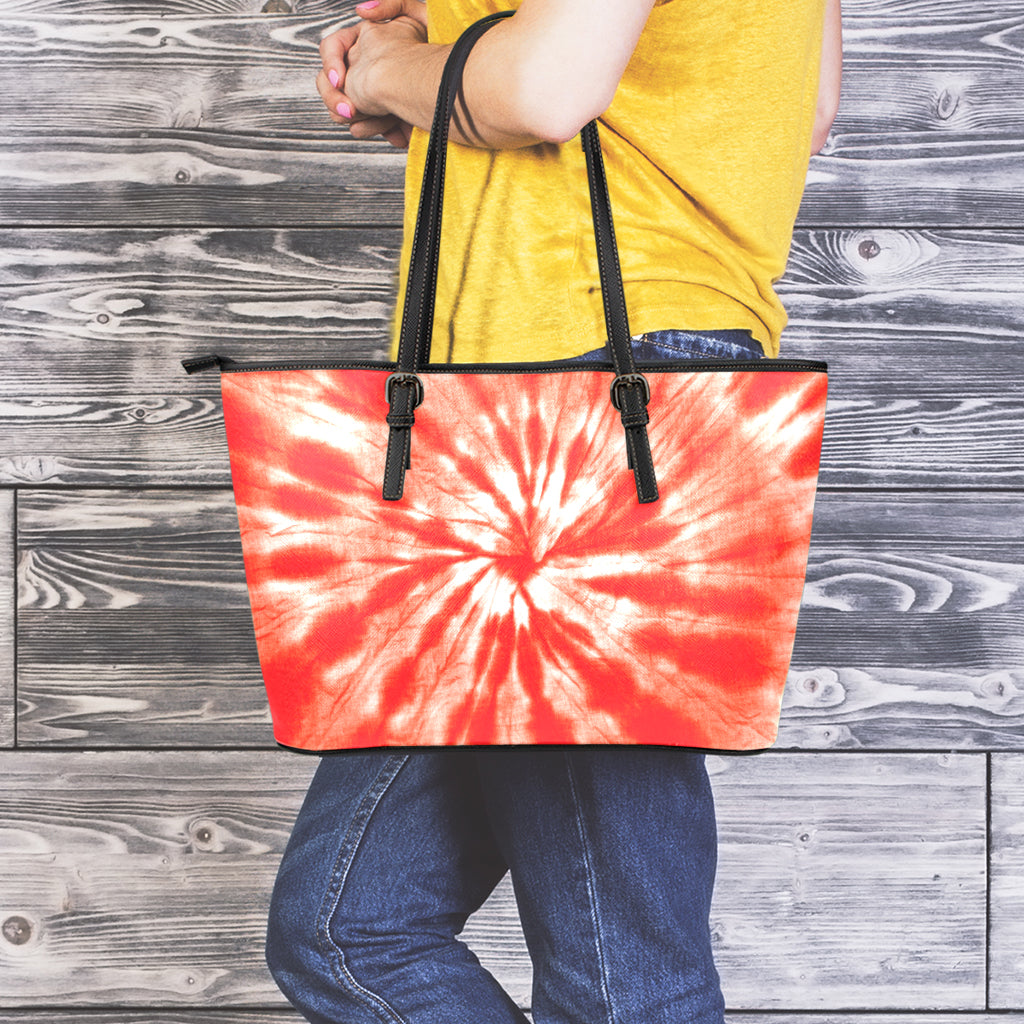 Orange Tie Dye Print Leather Tote Bag