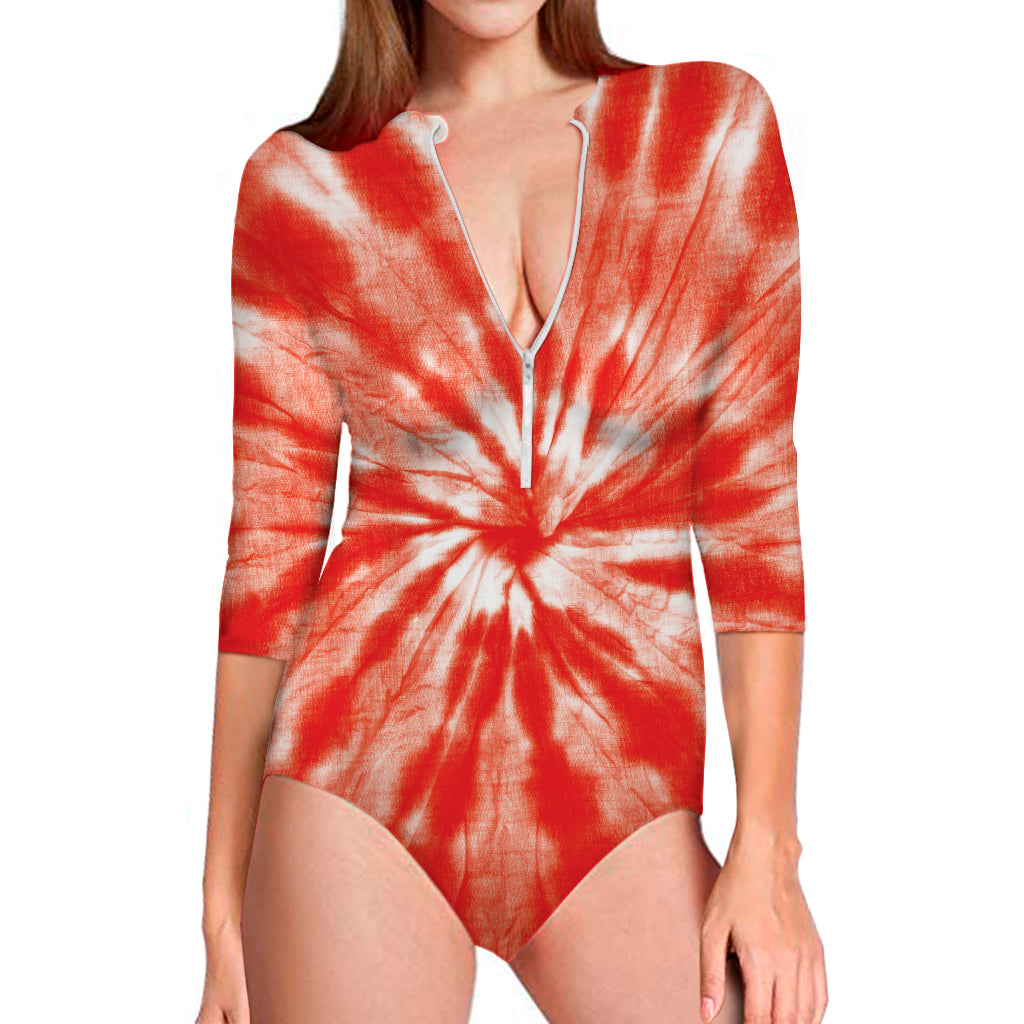 Orange Tie Dye Print Long Sleeve Swimsuit