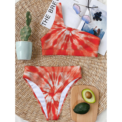 Orange Tie Dye Print One Shoulder Bikini Top
