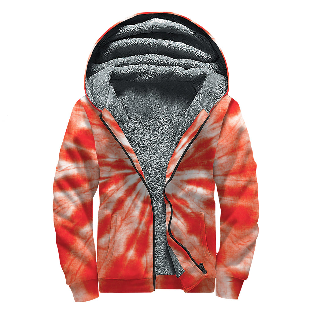 Orange Tie Dye Print Sherpa Lined Zip Up Hoodie