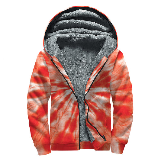 Orange Tie Dye Print Sherpa Lined Zip Up Hoodie