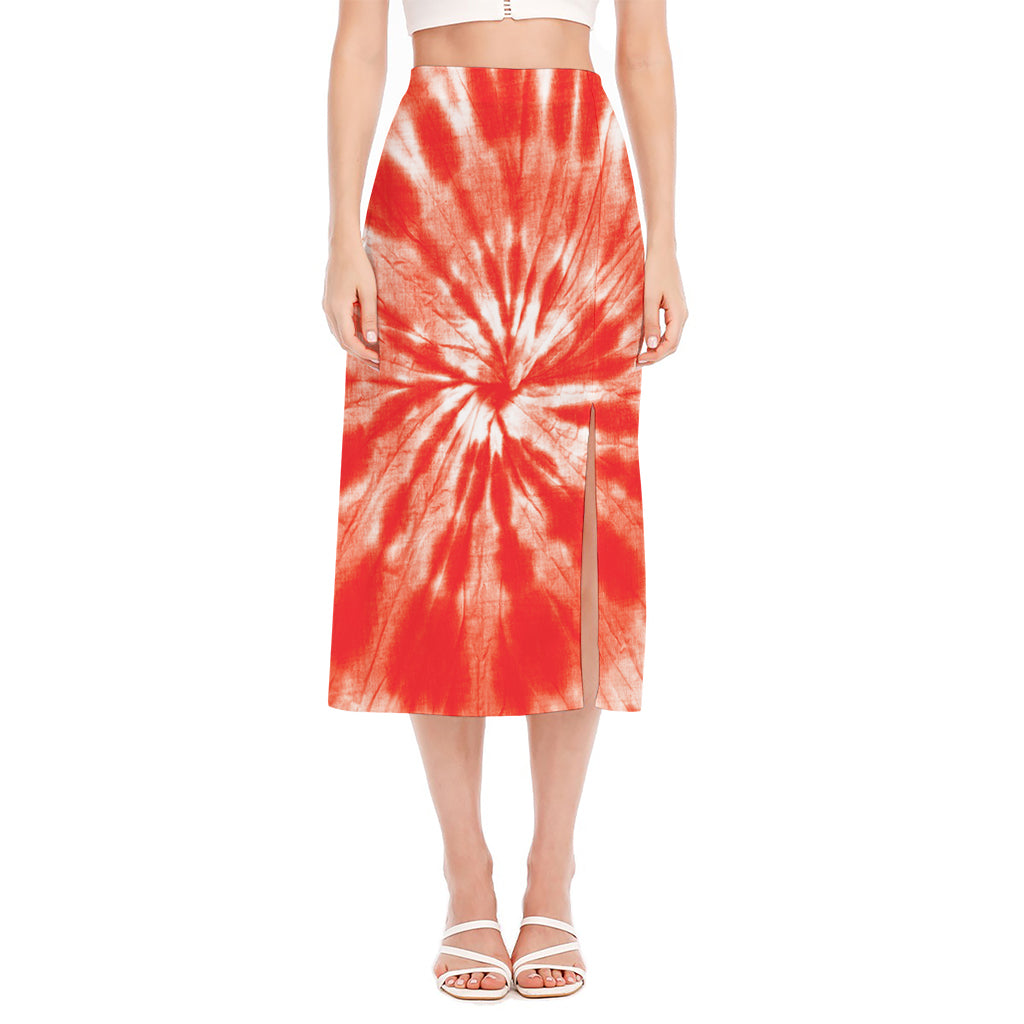 Orange Tie Dye Print Side Slit Midi Skirt