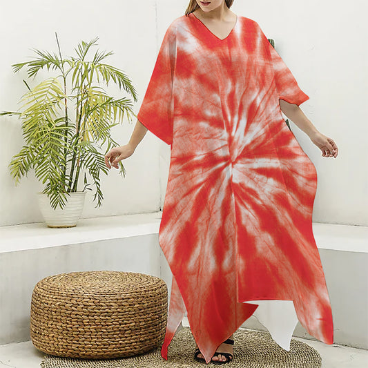 Orange Tie Dye Print Silk V-Neck Kaftan Dress