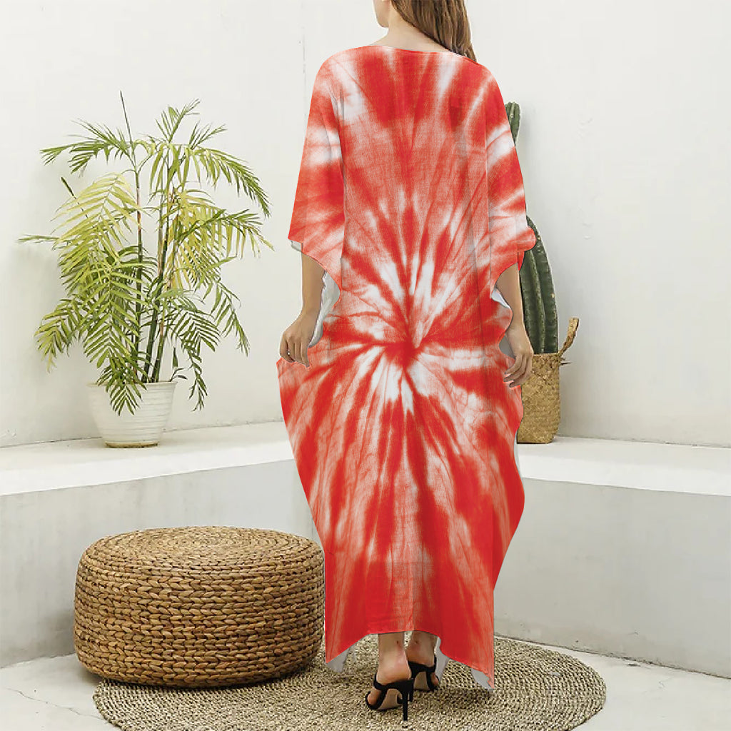 Orange Tie Dye Print Silk V-Neck Kaftan Dress