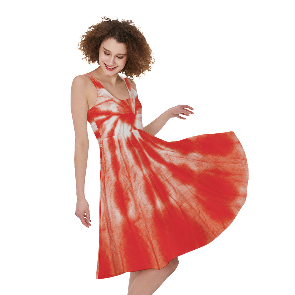Orange Tie Dye Print Women's Sleeveless Dress