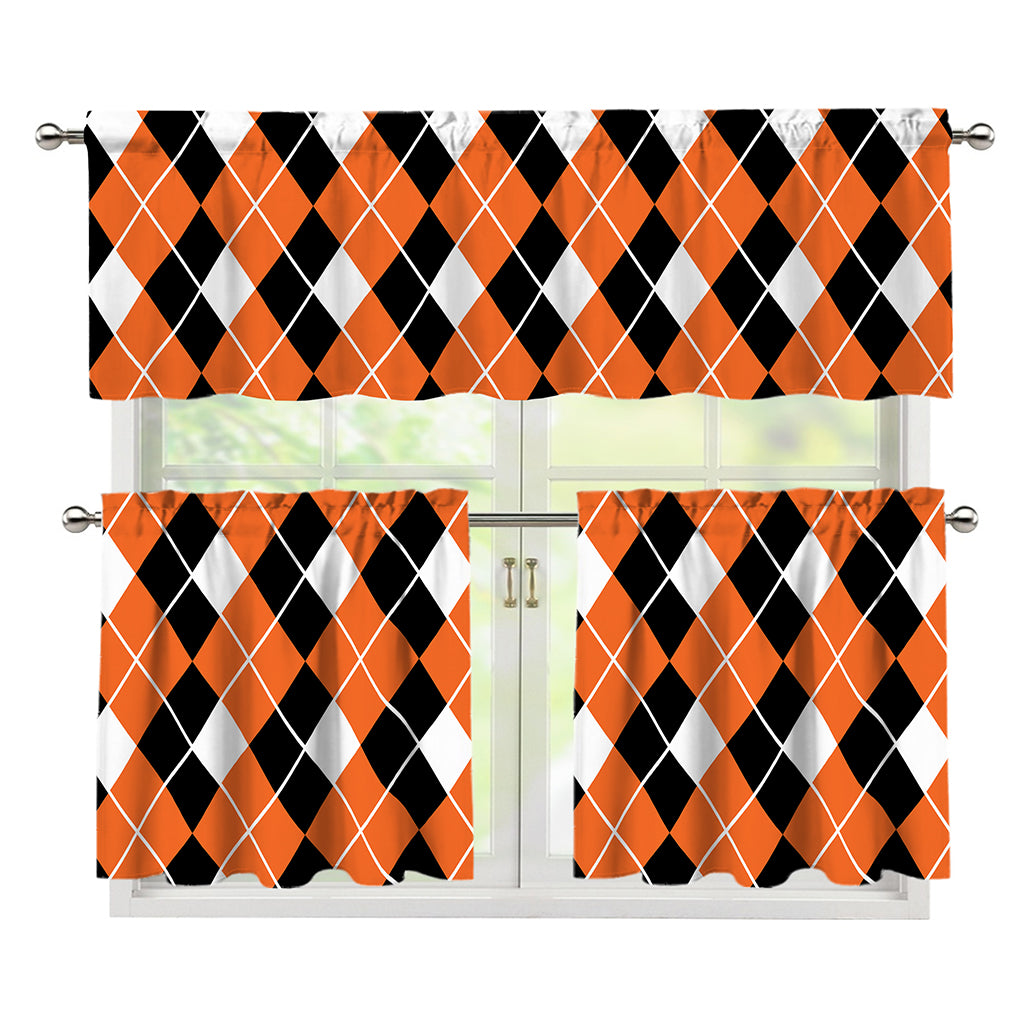 Orange White And Black Argyle Print 3 Piece Kitchen Curtains