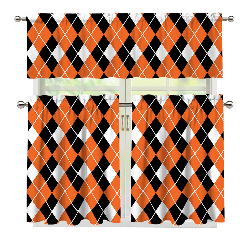 Orange White And Black Argyle Print 3 Piece Kitchen Curtains