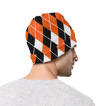 Orange White And Black Argyle Print Beanie