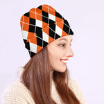 Orange White And Black Argyle Print Beanie