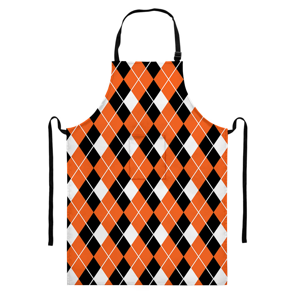 Orange White And Black Argyle Print Bib Apron With Pocket