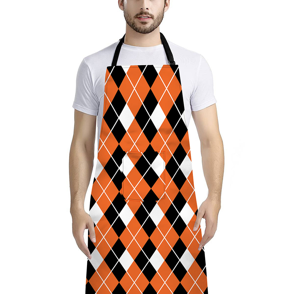 Orange White And Black Argyle Print Bib Apron With Pocket