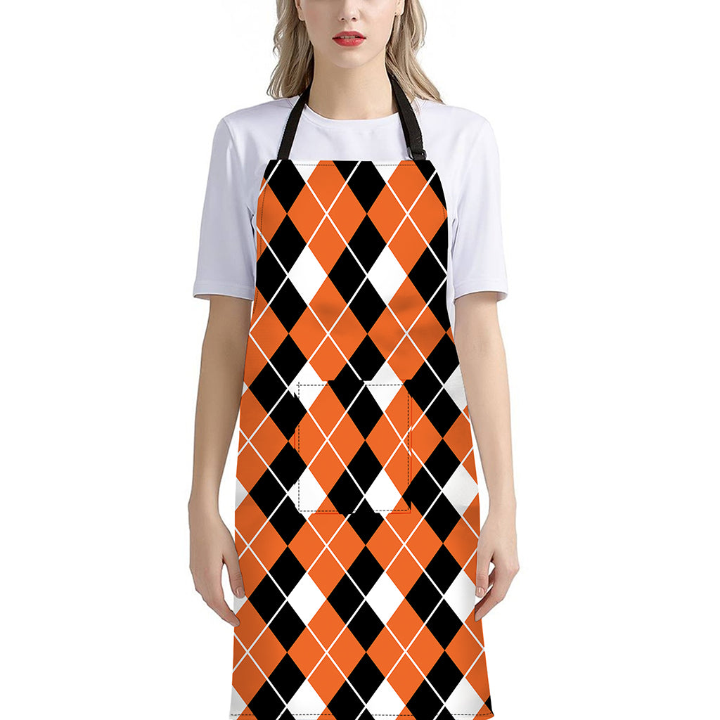 Orange White And Black Argyle Print Bib Apron With Pocket