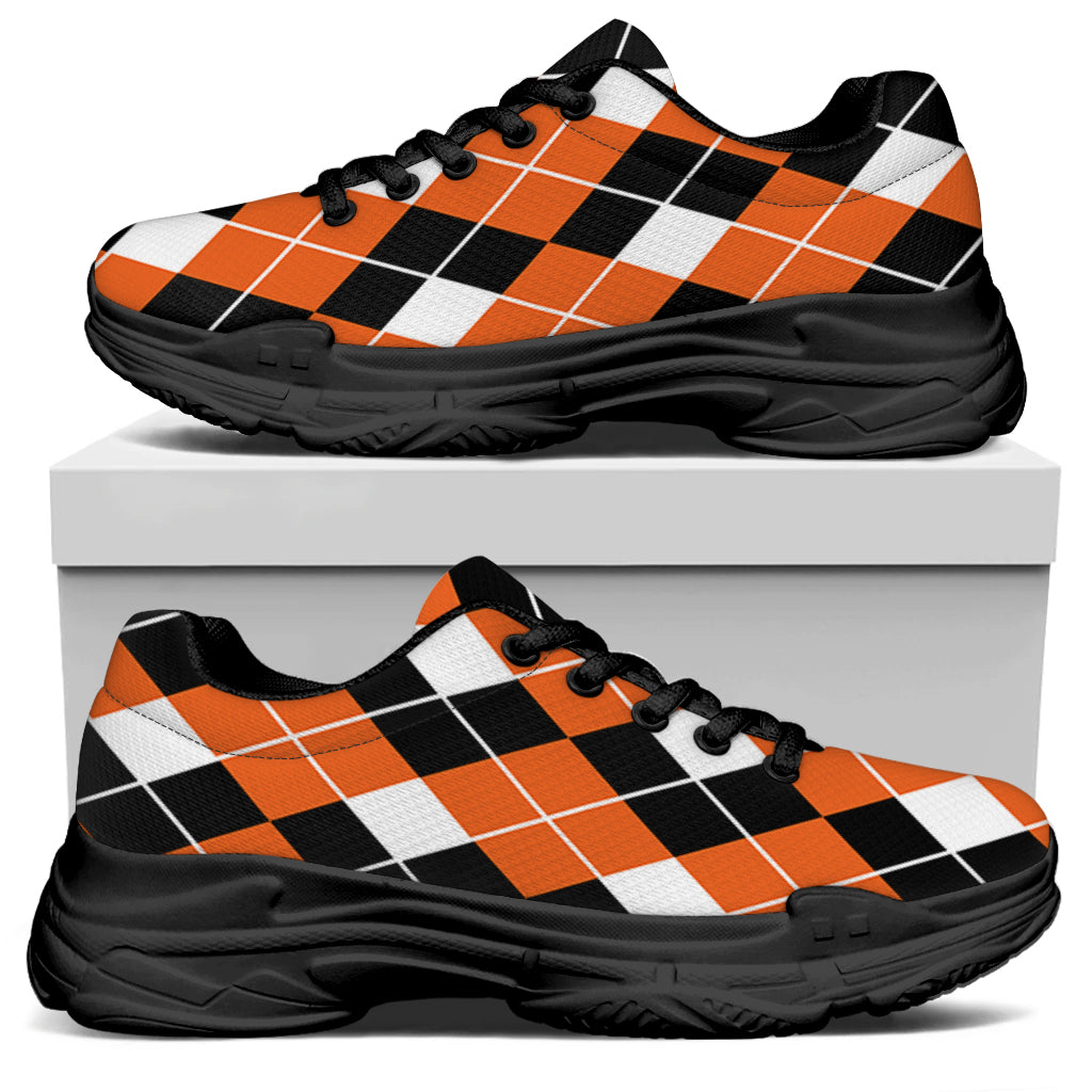 Orange White And Black Argyle Print Black Chunky Shoes