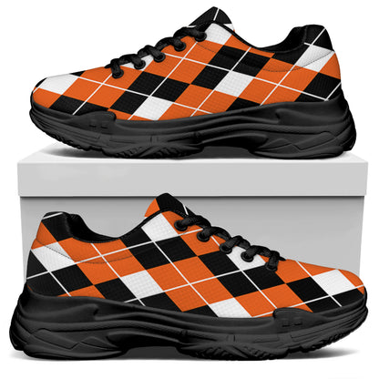 Orange White And Black Argyle Print Black Chunky Shoes