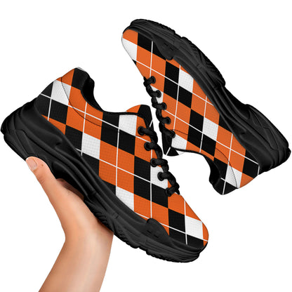 Orange White And Black Argyle Print Black Chunky Shoes