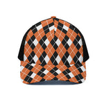 Orange White And Black Argyle Print Black Mesh Trucker Cap