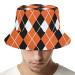Orange White And Black Argyle Print Bucket Hat